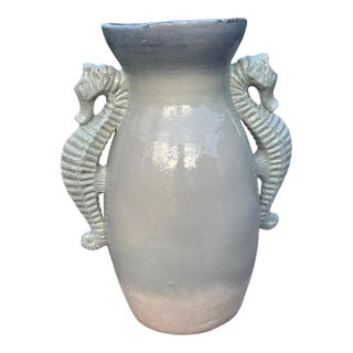 Vintage Coastal Seahorse Handle Pottery Vase - Turquoise Glazed Vessel For Sale