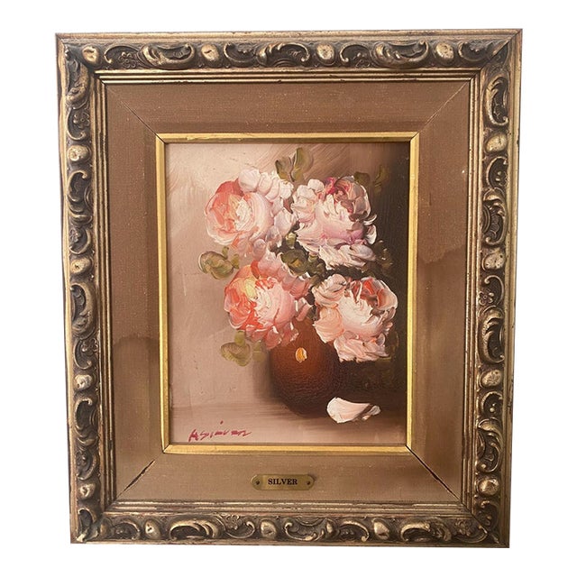 Vintage Floral Oil Painting, Roses Still Life, Ornate Gold Frame For Sale