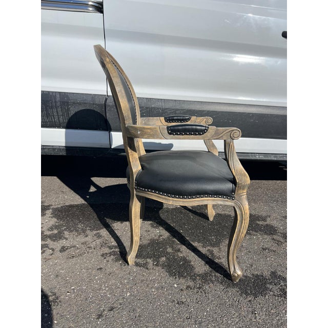 Traditional Black Leather Balloon-Back French Armchair For Sale - Image 3 of 5
