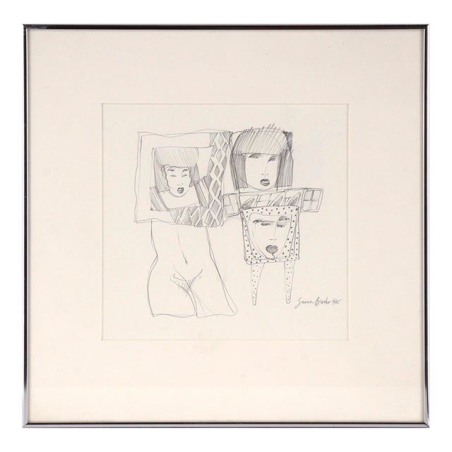 Fashionable Faces, Vintage Surrealist Figurative Line Drawing by Susan Brooks For Sale