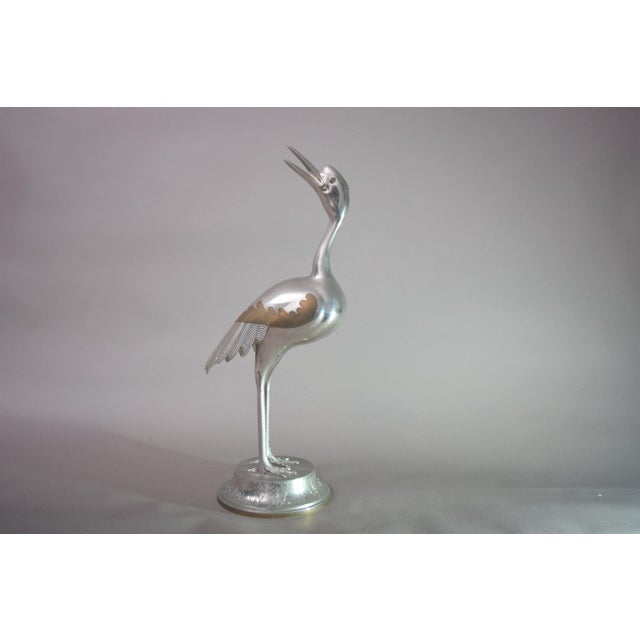 Art Deco Silver-Toned Crane Bird Sculpture with Brass Accents, 1960s For Sale - Image 10 of 11
