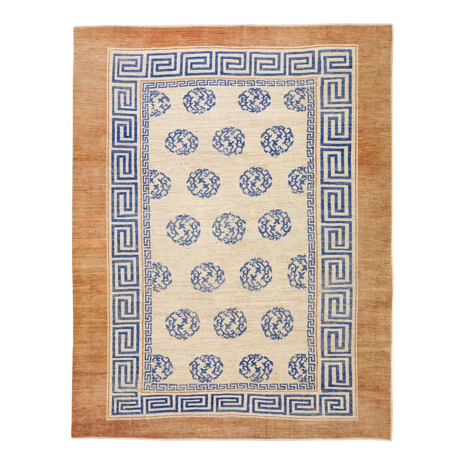 Modern Handmade Blue Greek Key Pattern Beige Oversize Wool Rug | Chairish
