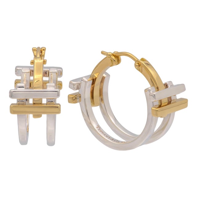Vintage Tiffany & Co. Frank Gehry Axis Hoop Earrings 18k Gold & Sterling Silver, A Pair For Sale