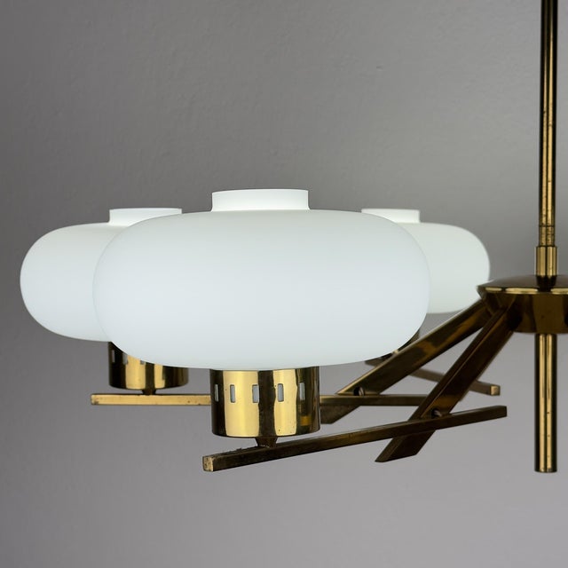 Mid-Century Brass and Opaline Glass Chandelier from Stilnovo, Italy, 1970s For Sale - Image 14 of 18