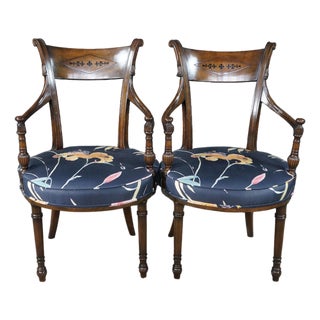 2 Antique English Sheraton Regency Style Mahogany Inlaid Floral Silk Arm Chairs For Sale
