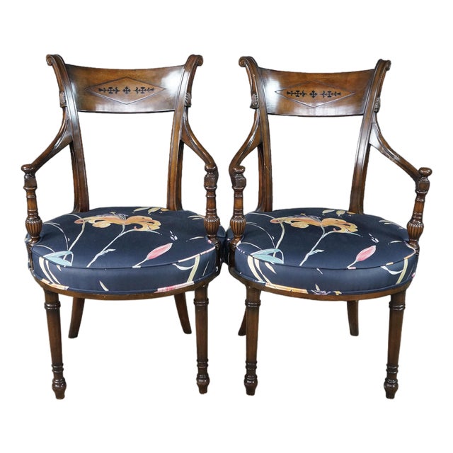 2 Antique English Sheraton Regency Style Mahogany Inlaid Floral Silk Arm Chairs For Sale