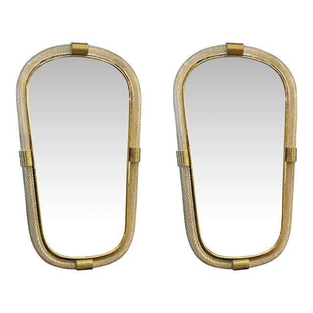 Elegant Pair of Murano Glass Mirrors in Gold Leaf, Italy, “Torciglione” Design For Sale