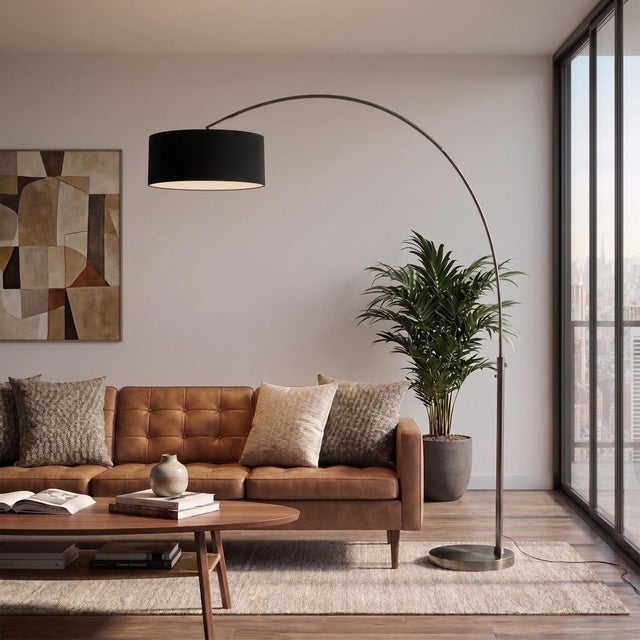 Mid-Century Modern 1960s 92-Inch Morelli Float Mid Century Floor Lamp- Modern Arc Lamp, Black Nickel Finish, Black Linen Shade, Dimmable For Sale - Image 3 of 4