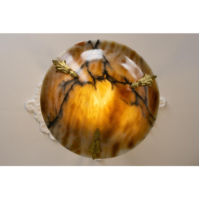 French Neoclassical Style Amber Alabaster and Bronze Pendant Light, 1920s For Sale - Image 4 of 18