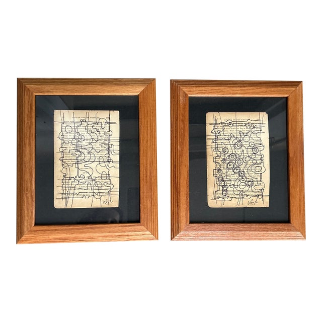 Two Contemporary Original Wayne Cunningham Abstract Marker Drawings on Vintage Book Paper- Set of Two For Sale