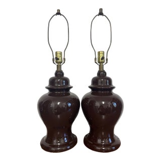 Pair Vintage Brown Ceramic Ginger Jar Table Lamps Hollywood Regency MCM Style For Sale