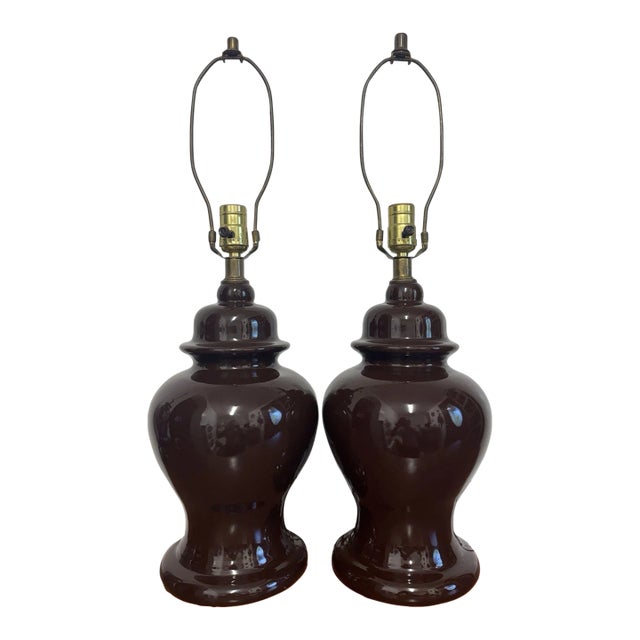 Pair Vintage Brown Ceramic Ginger Jar Table Lamps Hollywood Regency MCM Style For Sale