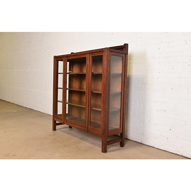 Mission Limbert Style Antique Mission Oak Arts and Crafts Bookcase Cabinet, Circa 1910 For Sale - Image 3 of 15