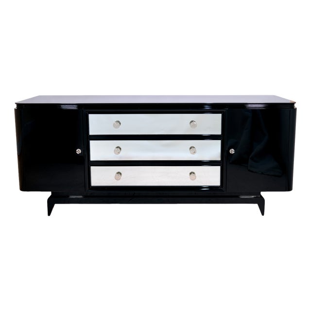 Art Deco Black High-Gloss Lacquered Sideboard with Mirrored Drawers, 1930s For Sale