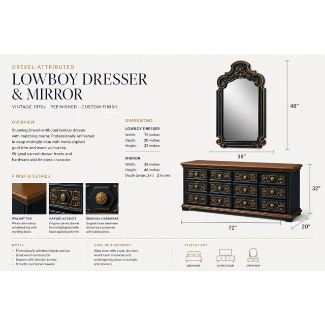 Contemporary Vintage 1970s Drexel-Attributed Lowboy Dresser — Custom Midnight Blue & Gilded Finish, 4-Bank Drawer Configuration For Sale - Image 3 of 7