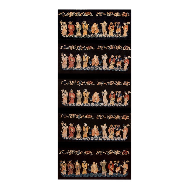 1920s Black Figural Scholars Pictorial Chinese Art Deco Carpet 5'6" X 12'6" Knotted Wool Rug For Sale