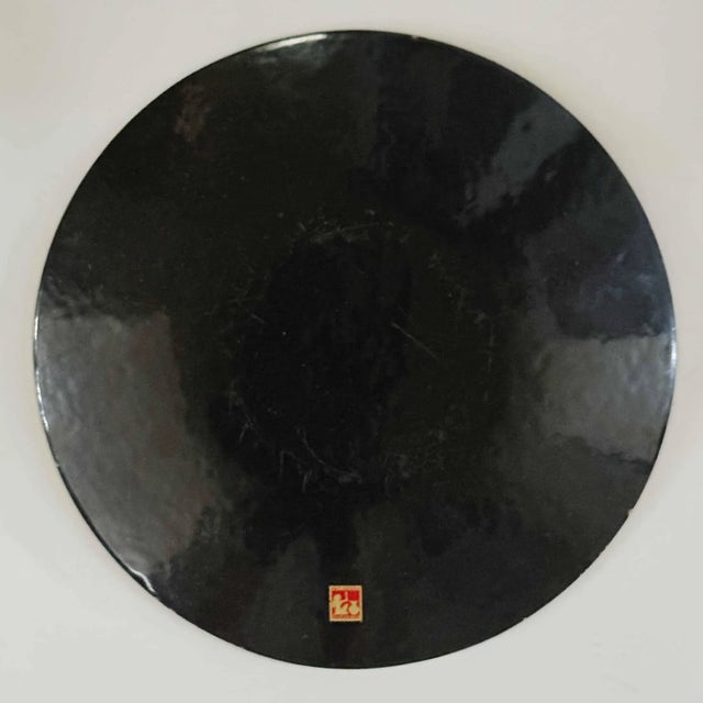 Vintage Italian enamel on copper round vide poche (catchall) tray. Mandala design consists of luminous greens, black,...