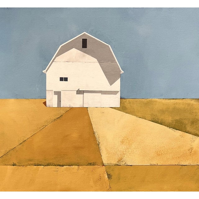 Golden Fields by Justin Wheatley | Acrylic on Canvas White Barn With Gold Fields For Sale - Image 4 of 12