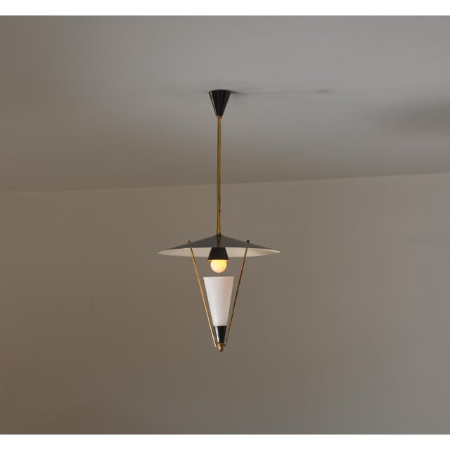 Black Vintage Italian Pendant Light with Black Saucer Shade and Opaline Glass, 1950s For Sale - Image 8 of 10
