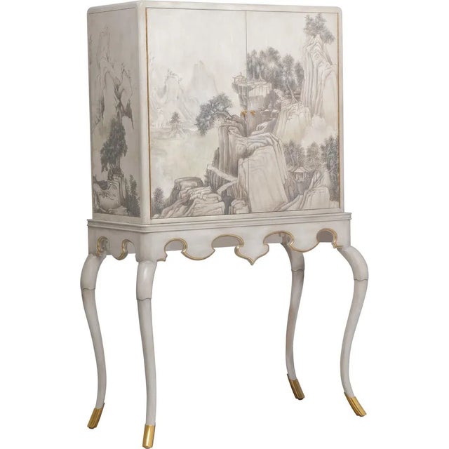 Hand Painted Chinoiserie Bar Cabinet in Beige Lacquer with Gold Leaf Accents and Soft Brass Feet