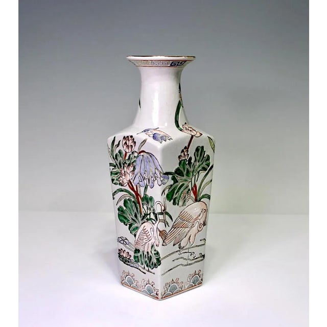Chinoiserie Vintage Macau (Chinese) White Porcelain Square-Form Vase With Cranes & Lotus in Marshland For Sale - Image 3 of 8