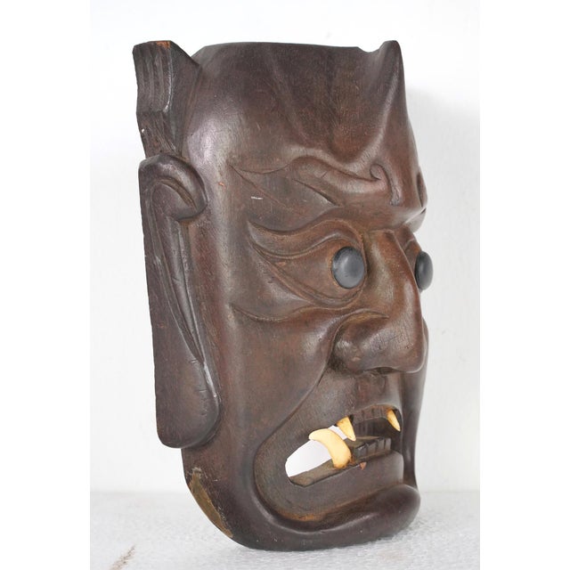Japanese Pair of Vintage Japanese Hand Carved Wooden Masks For Sale - Image 3 of 11
