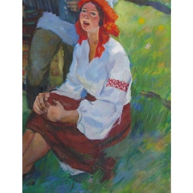 1970s Ukrainian Folk Scene Oil Painting, Vintage Soviet Art, Kovalchuk, 160-120 For Sale - Image 5 of 6
