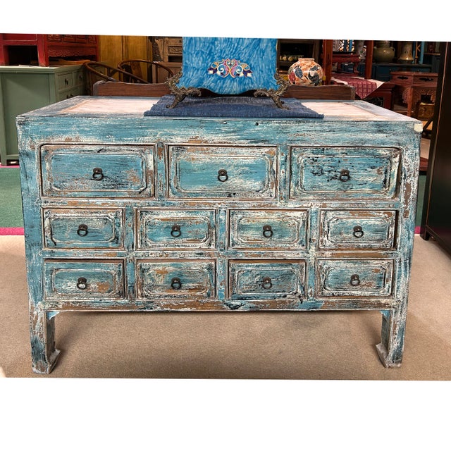 1980s Distressed Turquoise Blue Stone Top 11 Drawers Credenza Sideboard Cabinet For Sale - Image 5 of 6