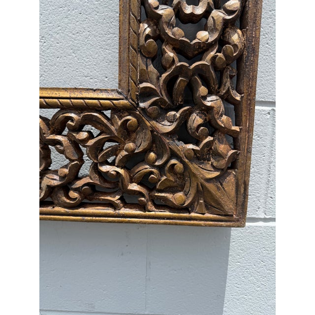 Indian Large Ornate Vintage Hand-Carved & Gilded Indian Wood Mirror or Picture Frame For Sale - Image 3 of 9