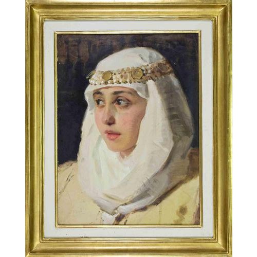 Lodovico Pogliaghi, Portrait of Oriental Woman, 20th Century, Oil on Cardboard For Sale