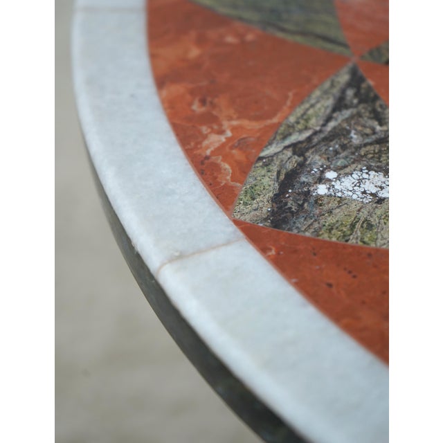 1980s Pietra Dura Inlaid Marble Top Metal Base Round End Table For Sale - Image 5 of 12