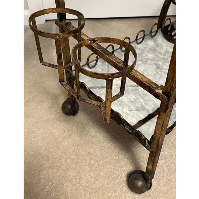 Vintage Hollywood Regency Neoclassical Gilt Rolling Iron Glass Bar Cart Trolley For Sale - Image 11 of 12