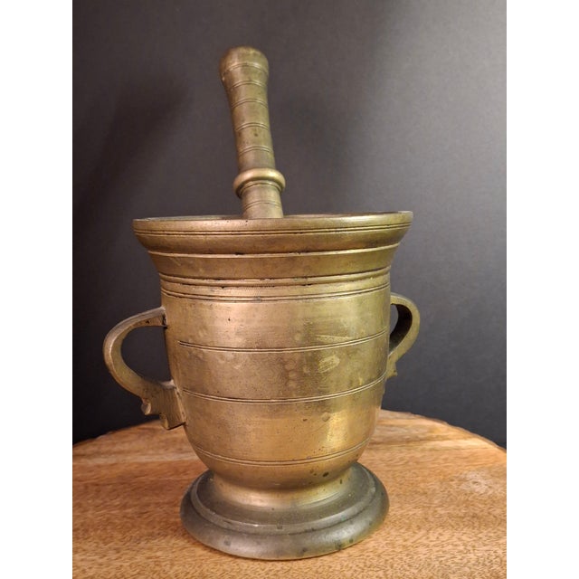 Rustic European 18th C Antique Solid Brass Mortar Pestle Set Heavy 15lb Judaica Apothecary For Sale - Image 3 of 17