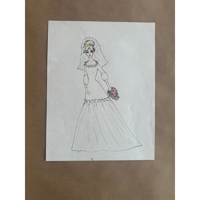 An elegant original vintage fashion illustration depicting a timeless bride in a full-length gown with delicate puff...