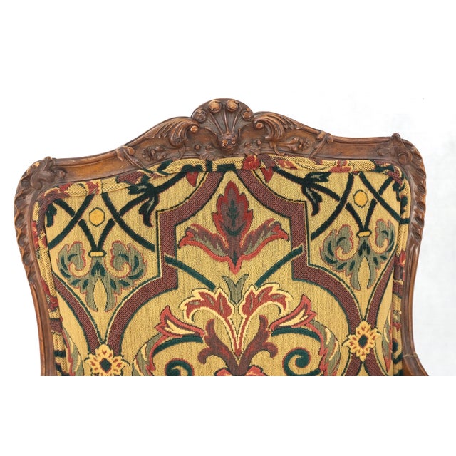 Pair of His & Hers Finely Carved Walnut Country French Lounge Armchairs Tapestry For Sale - Image 10 of 16