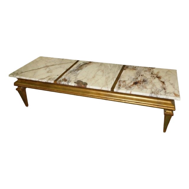 Vintage Mid-Century Gilt & Marble Coffee Table – Segmented Breccia Panels, Glamorous Hollywood Regency Vibes, Attributed Albright & Zimmerman Era For Sale
