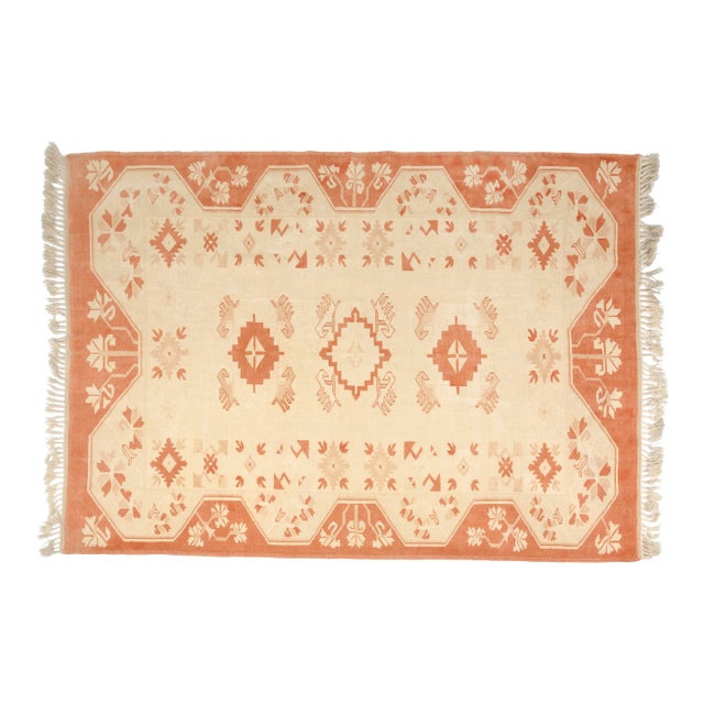 Vintage Hand-Knotted Turkish Oushak Rug in Terracotta, Peach, and Cream For Sale