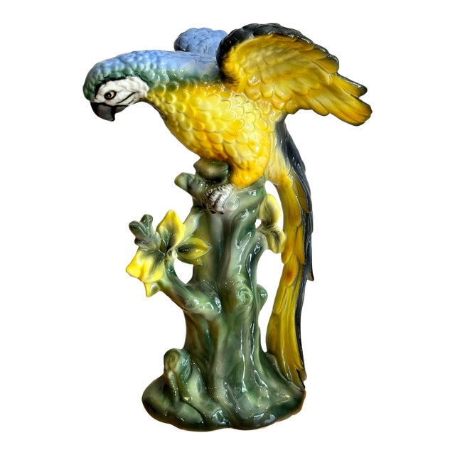 Large Hand-Painted Majolica Ceramic Macaw Sculpture For Sale