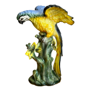 Large Hand-Painted Majolica Ceramic Macaw Sculpture