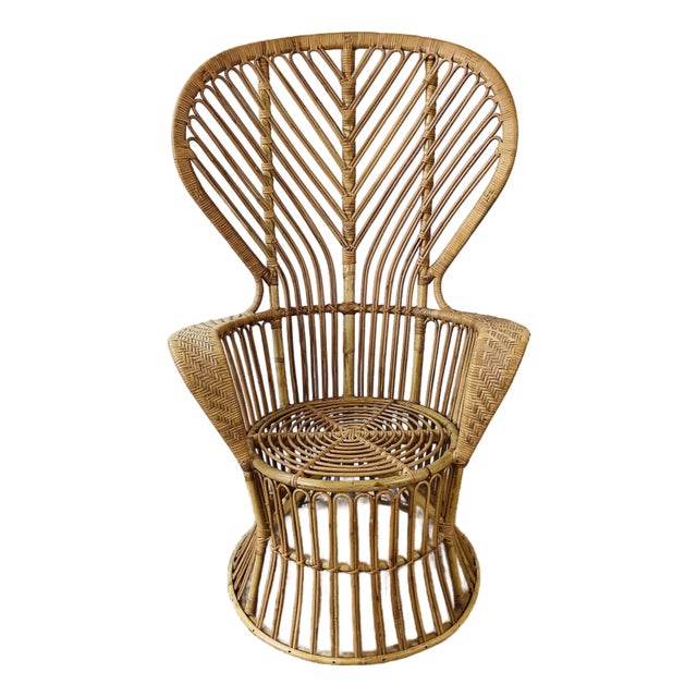 Vintage 1960s Rattan Peacock Chair Italian Modern Gio Ponti Style For Sale