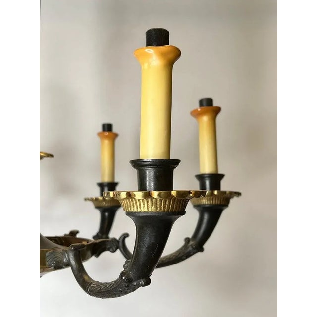 Metal Petite Empire Style Patinated and Gilt Bronze Chandeliers - A Pair For Sale - Image 7 of 13