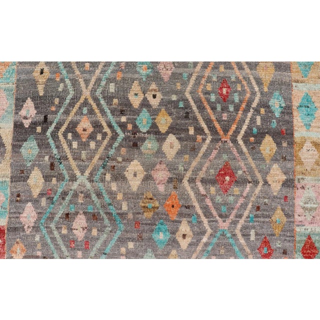 Mid 20th Century Modern Diamonds and Tribal Design Rug in Gray Background and Vivid Colors For Sale - Image 9 of 12