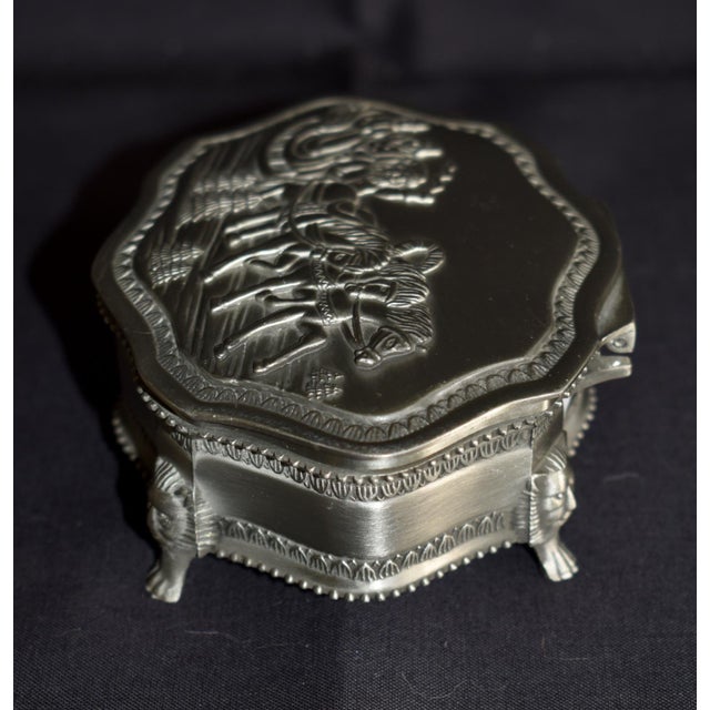 Silver Vintage Metal Trinket Box Lion Paw Feet Santa Sleigh Jewelry Box Velvet Lined For Sale - Image 8 of 15