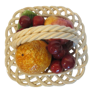 Italian Woven Basket Fruit Bowl Ceramic Porcelain Vintage Majolica Style