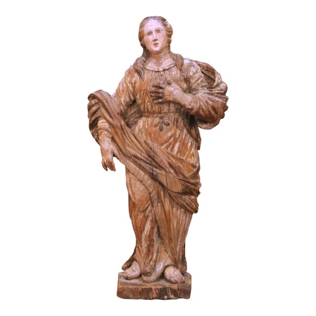 17th Century French Louis XIV Carved Polychrome Devotional Female Saint Figure For Sale