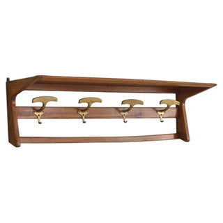 Danish Modern Cherry Wood + Brass Wall-Mounted Coat Rack, 1960s For Sale