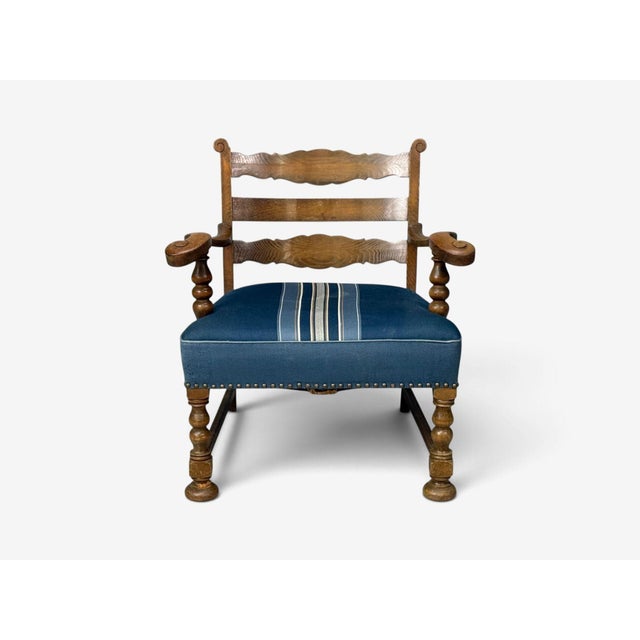 1920s Danish Cabinetmaker, Armchair, Wool, Carved Oak, Denmark, 1920s For Sale - Image 5 of 14