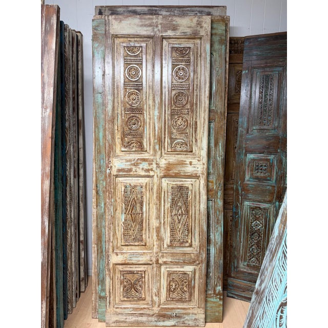 Mid-Century Modern Antique Hand-Carved Floral Wood Barn Door | Rustic Farmhouse Statement Single Door 80x26 For Sale - Image 3 of 8