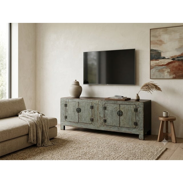 1970s Distressed Light Teal Gray Low Doors Hardware Console Sideboard Cabinet For Sale - Image 5 of 12