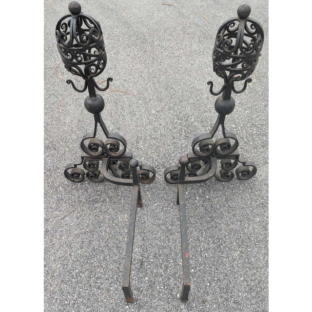 Vintage Scroll Wrought Iron Fireplace Andirons - Set of 2 For Sale In Orlando - Image 6 of 12